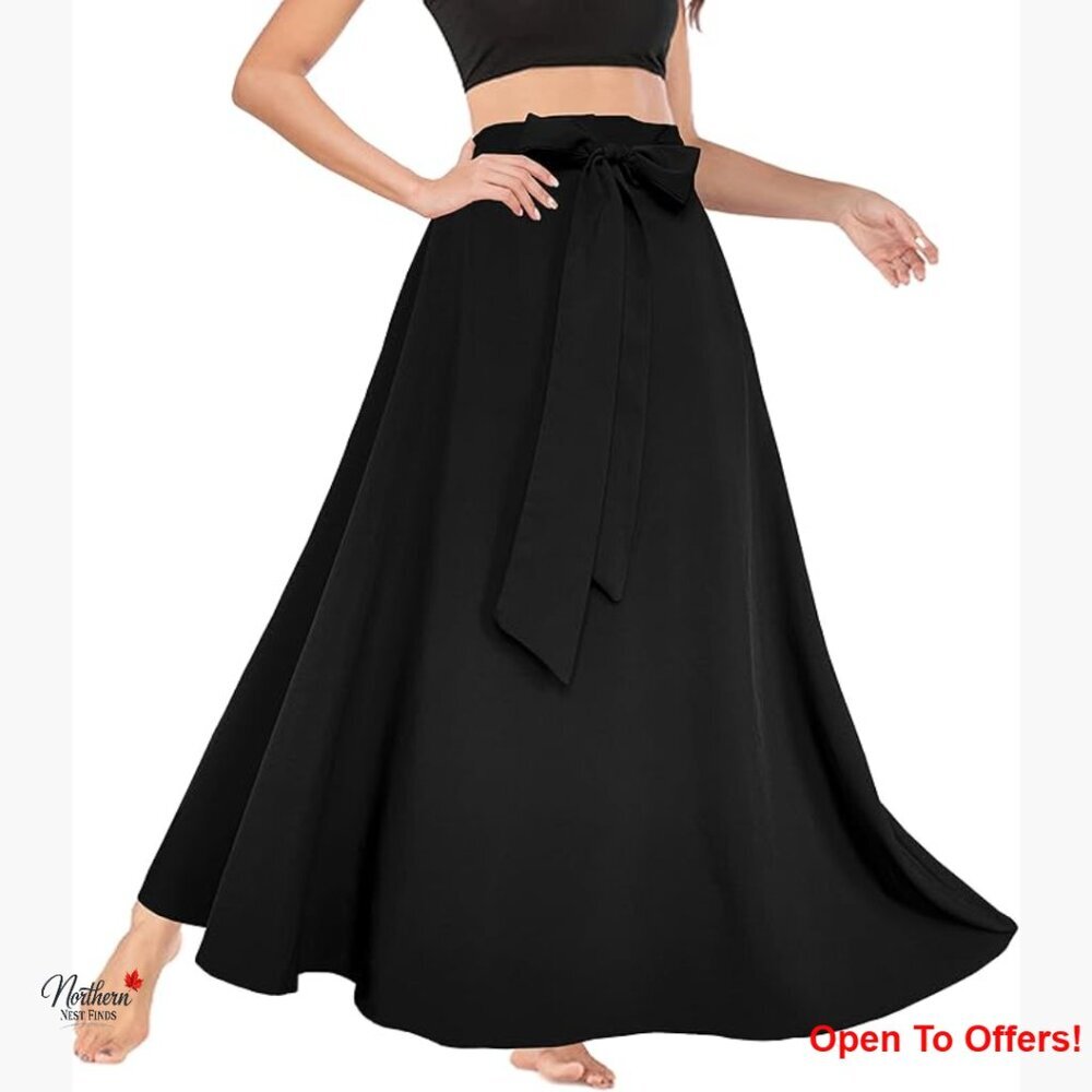 Polyester High Waist A-Line Maxi Skirt with Pockets and Tie Front